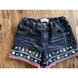 Jordache Girls Embroidered Flamingo Pineapple Flower Blue Jean Shorts Size 7